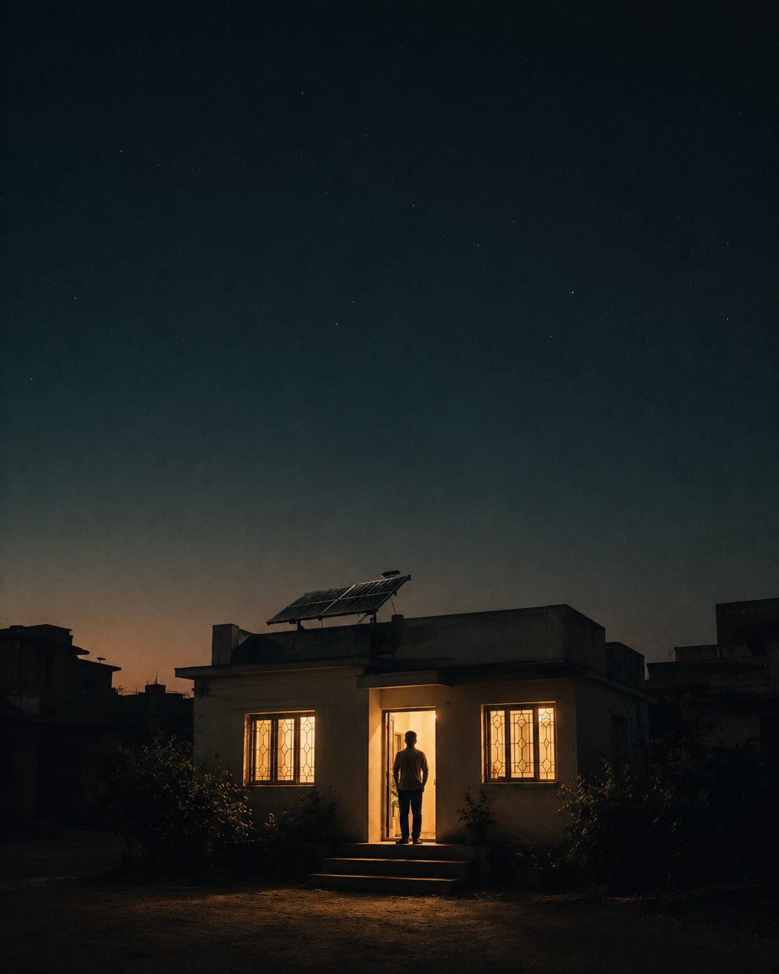 A home glowing warmly after dark, its rooftop solar panel silhouetted against the dusk sky, while the neighbourhood sits in darkness